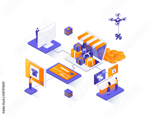Shop loyalty program isometric web banner. Marketing strategy of attracting, retaining customers isometry concept. Online retail loyalty 3d scene design. Illustration with people characters.