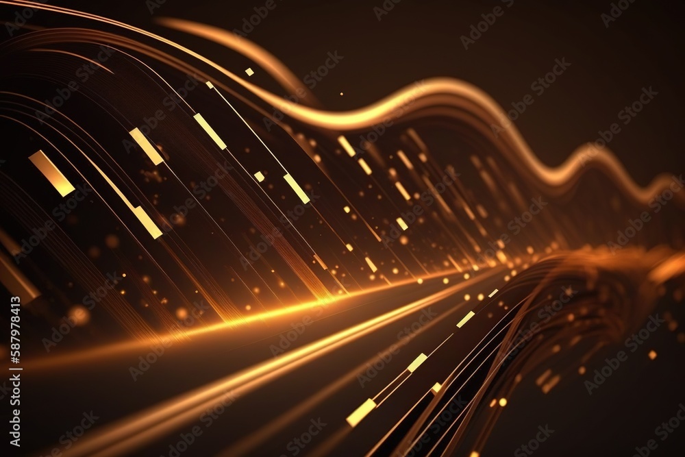 Fototapeta premium abstract futuristic background with gold glowing neon moving high speed wave lines and bokeh lights. Data transfer concept Fantastic wallpaper, AI Generetive