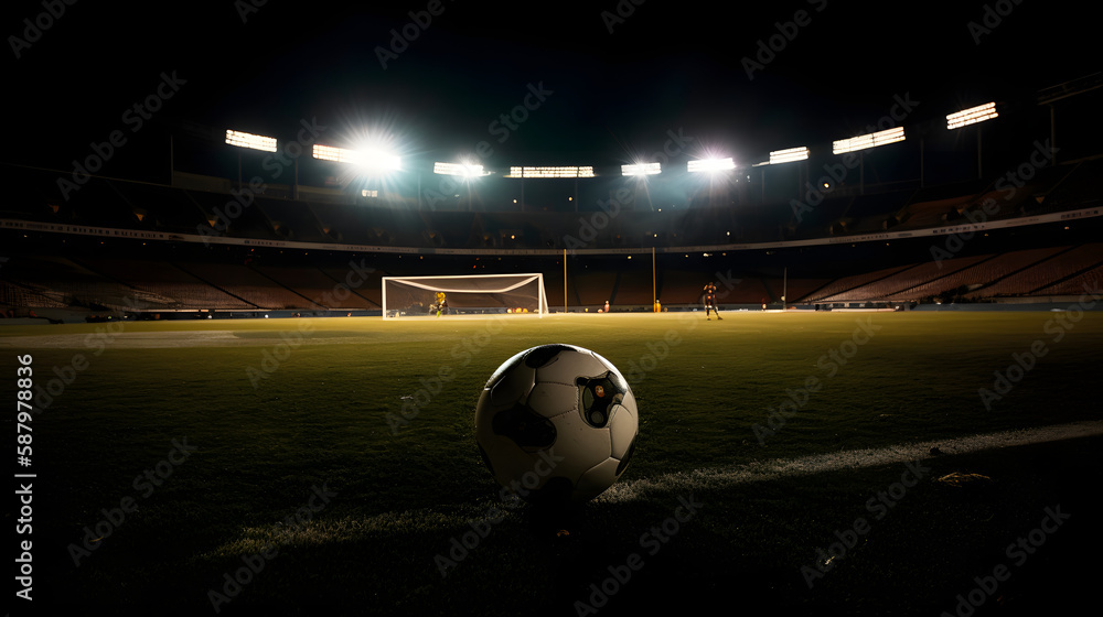 Soccer game with the ball in the middle of the image and the goal behind giving it a dramatic and epic touch of suspense. - obrazy, fototapety, plakaty 
