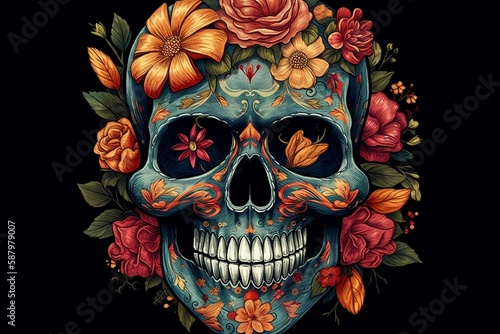 Cinco de Mayo - Mexican Dead Skull With Flowers Generative AI