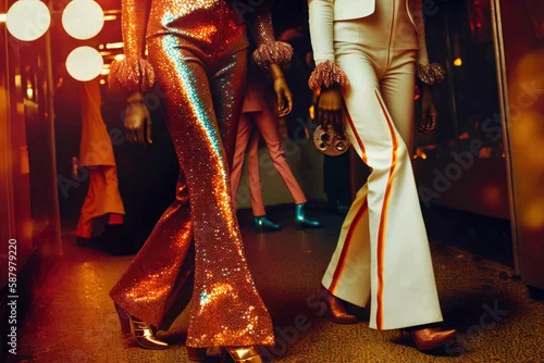 Obraz Closeup legs of people dancing in a disco surrounded by lights in colorful shiny clothes and trendy metallic shoes in 70s style. Ilustration, Generative AI