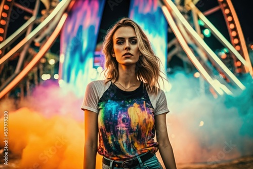 beautiful blonde girl in urban clothes in amusement park, with the multicolored lights of the games in the background. Illustration, Generative AI #587979230