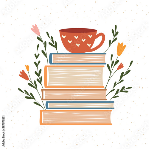 Book festival concept. Stack of books with flowers and plants as symbol of education. Reading books concept for card, stickers, poster and banner.
