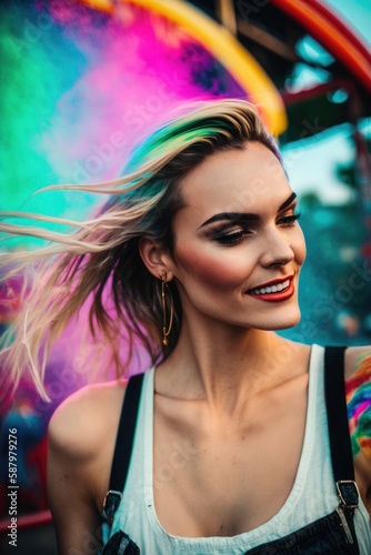 beautiful blonde girl in urban clothes in amusement park, with the multicolored lights of the games in the background. Illustration, Generative AI