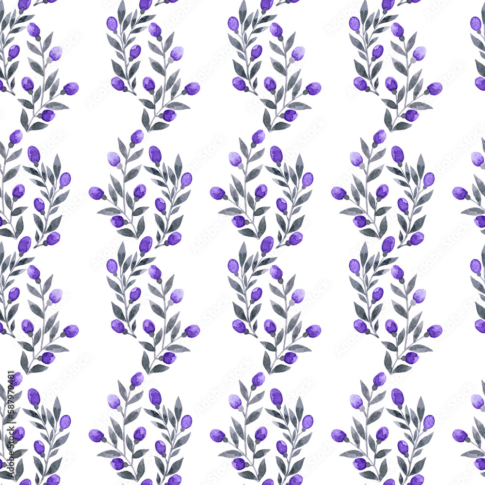 Fototapeta premium Hand drawn seamless endless watercolor floral pattern with small twigs with violet purple buds and burgeons on white background.Aquarelle backdrop as design element for printing