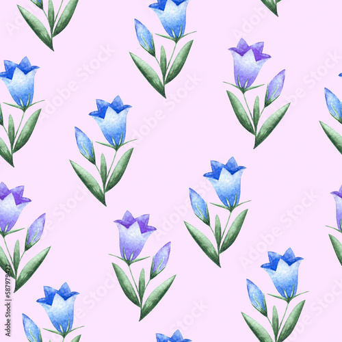 Lots of blue and purple violet bluebell flowers as seamless endless summer  pattern as design element on lilac baclground