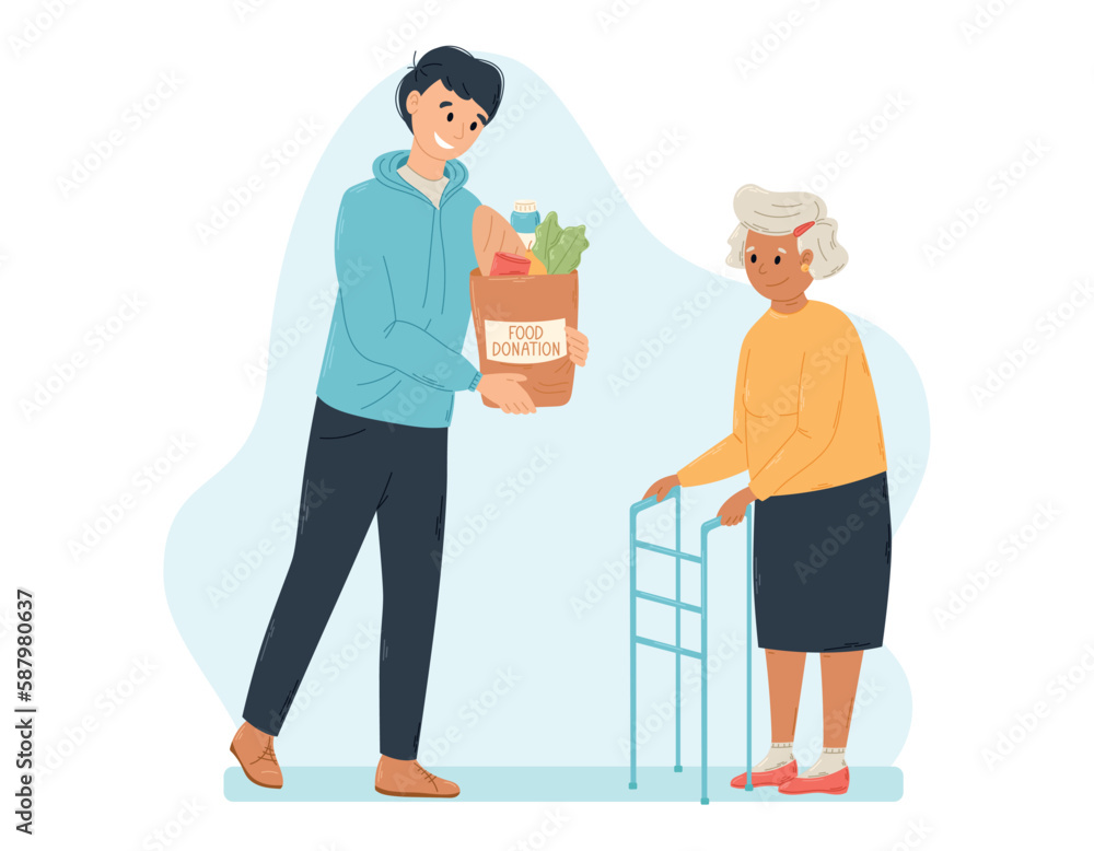Vector illustration Donation of Food to Elderly and Disabled. A young Man giving Bag of Groceries and Food to Old Woman with a walker. Social care and help to poor people.