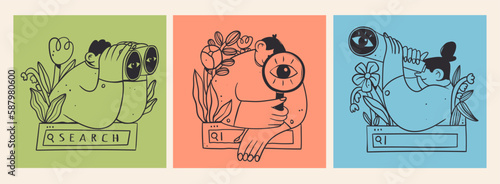 Set of people with binoculars, magnifying glass on search bar with flowers. Searching, finding, web surfing, looking for oportunities concept. Hand drawn Vector illustration. Isolated design elements