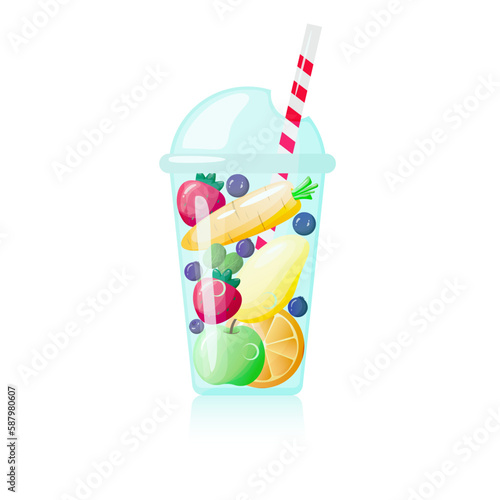 Fruit and vegetable smoothie in plastic cup with straw. Vector illustration.