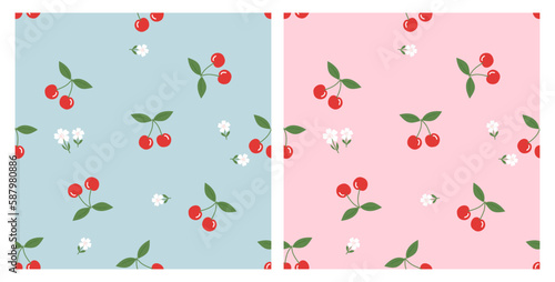 Seamless pattern of cherry fruit with green leaves and flower on blue mint and pink backgrounds vector illustration. Cute fruit print.