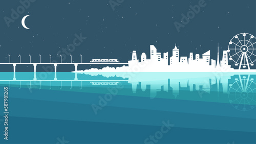 電車と街と海の夜のシルエット風景 海沿いの街並みイラスト