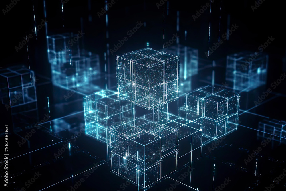 Computer geometric digital connection structure. Business inteligence technology background. Binary code algorithms deep learning. Abstract 3D rendering. Artificial intelligence