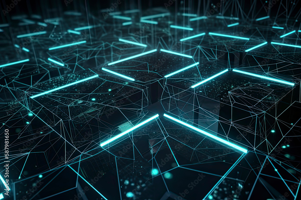 Obraz premium Computer geometric digital connection structure. Business inteligence technology background. Binary code algorithms deep learning. Abstract 3D rendering. Artificial intelligence