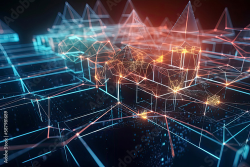 Computer geometric digital connection structure. Business inteligence technology background. Binary code algorithms deep learning. Abstract 3D rendering. Artificial intelligence