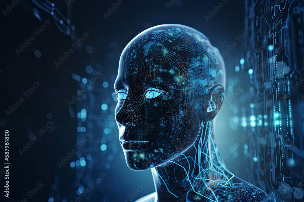 double exposure image of virtual human 3dillustration on blue circuit board background represent artificial intelligence AI technology double exposure image of virtual human 3dillustration on blue circuit board background represent artificial intelligence AI technology