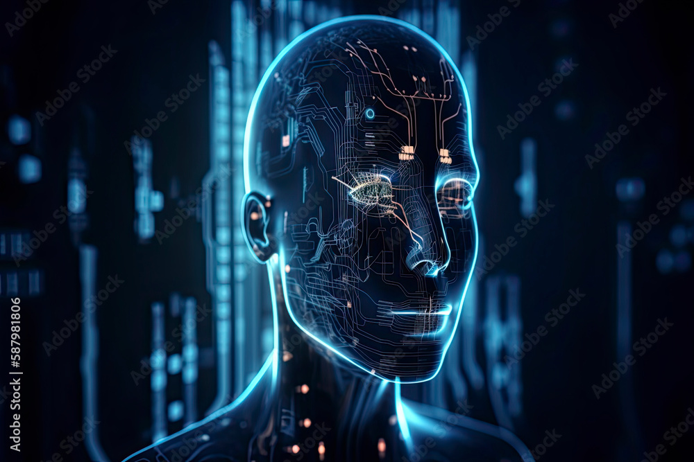 double exposure image of virtual human 3dillustration on blue circuit board background represent artificial intelligence AI technology double exposure image of virtual human 3dillustration on blue circuit board background represent artificial intelligence AI technology