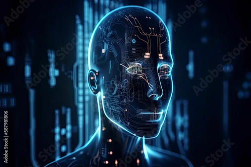 double exposure image of virtual human 3dillustration on blue circuit board background represent artificial intelligence AI technology