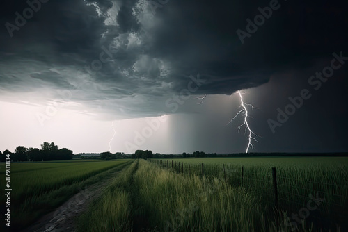 dramatic lightning thundertbolt bolt strike in daylight rural surrounding bad weather dark sky