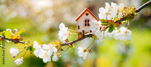 Miniature house on flowering branch close-up and copy space. © shangarey