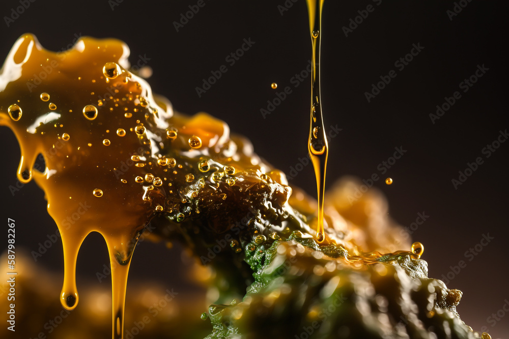 flowing golden drops cannabis wax extract, thc live resin Generative AI - obrazy, fototapety, plakaty 