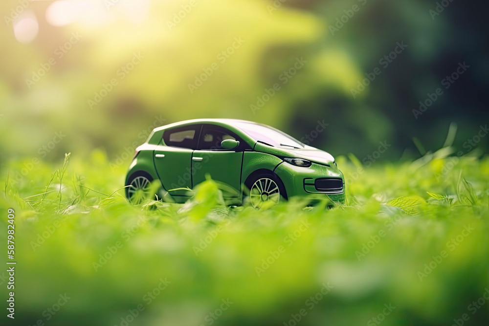 electric car with green leaf icon on blur grass background, ecology and environment concept electric car with green leaf icon on blur grass background, ecology and environment concept