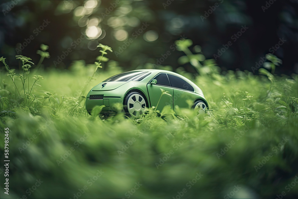 electric car with green leaf icon on blur grass background, ecology and environment concept