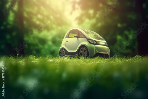 electric car with green leaf icon on blur grass background, ecology and environment concept © surassawadee