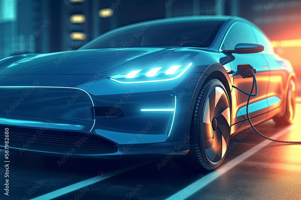 Fototapeta premium Charging an electric car with a public charger in a parking lot