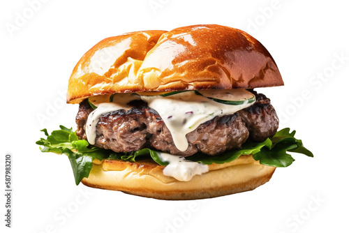 Wagyu burger png, transparent background - isolated, beef, white sauce, generative ai