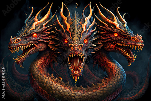 Fire-breathing dragon with three heads. AI generated. © StockMediaProduction