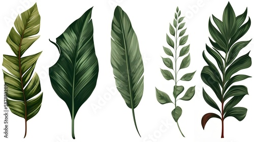 Set of Tropical Leaf Isolated on White Background, Image Ai Generated