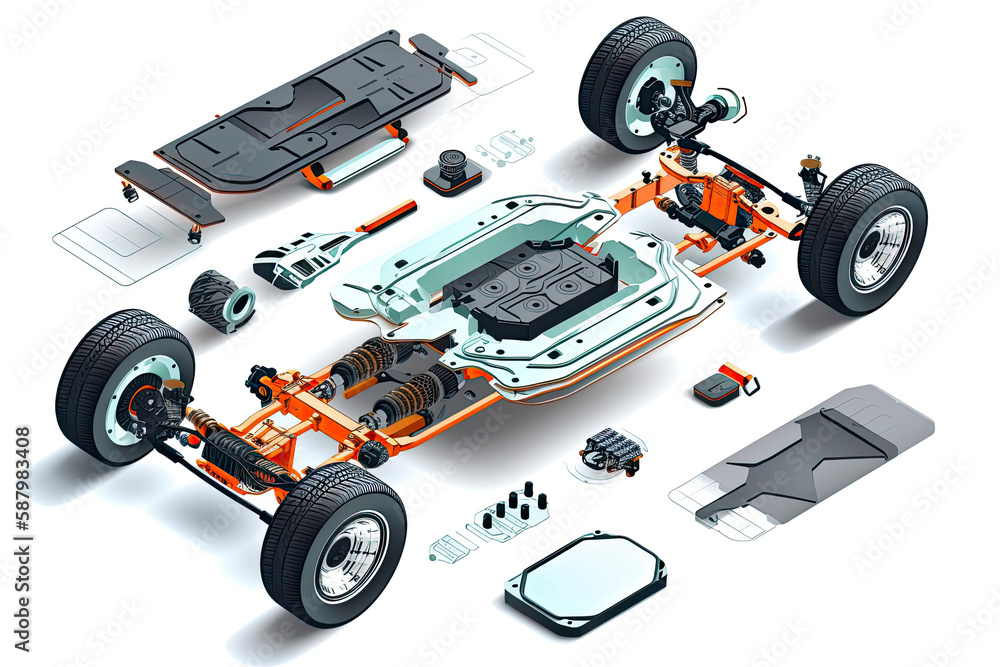 Modern electric car chassis design battery modular platform skateboard module pack board with wheels - obrazy, fototapety, plakaty 