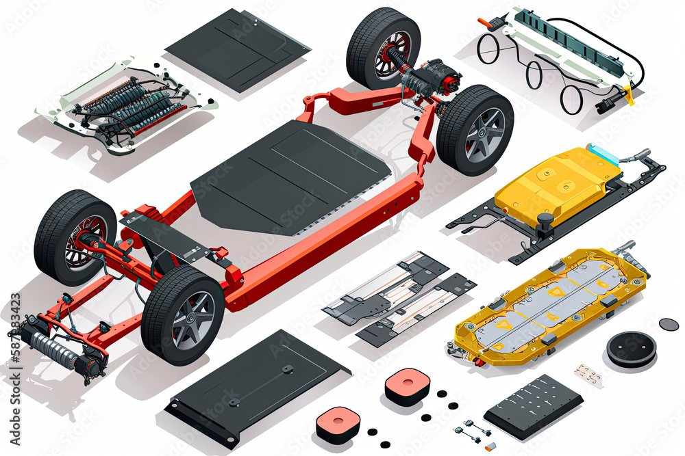Modern electric car chassis design battery modular platform skateboard module pack board with wheels - obrazy, fototapety, plakaty 