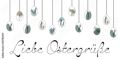 Liebe Ostergrüße, Text in deutsch. Hängende Ostereier mit modernem floralen Design.