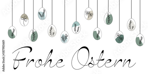 Frohe Ostern, Text in deutsch. Grußkarte mit hängenden Ostereiern mit floralem Design in modernem Stil.