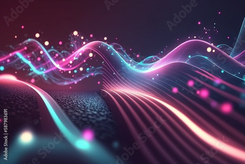 abstract futuristic  background with pink blue glowing neon moving high speed wave lines and bokeh lights. Data transfer concept Fantastic wallpaper © AKKA