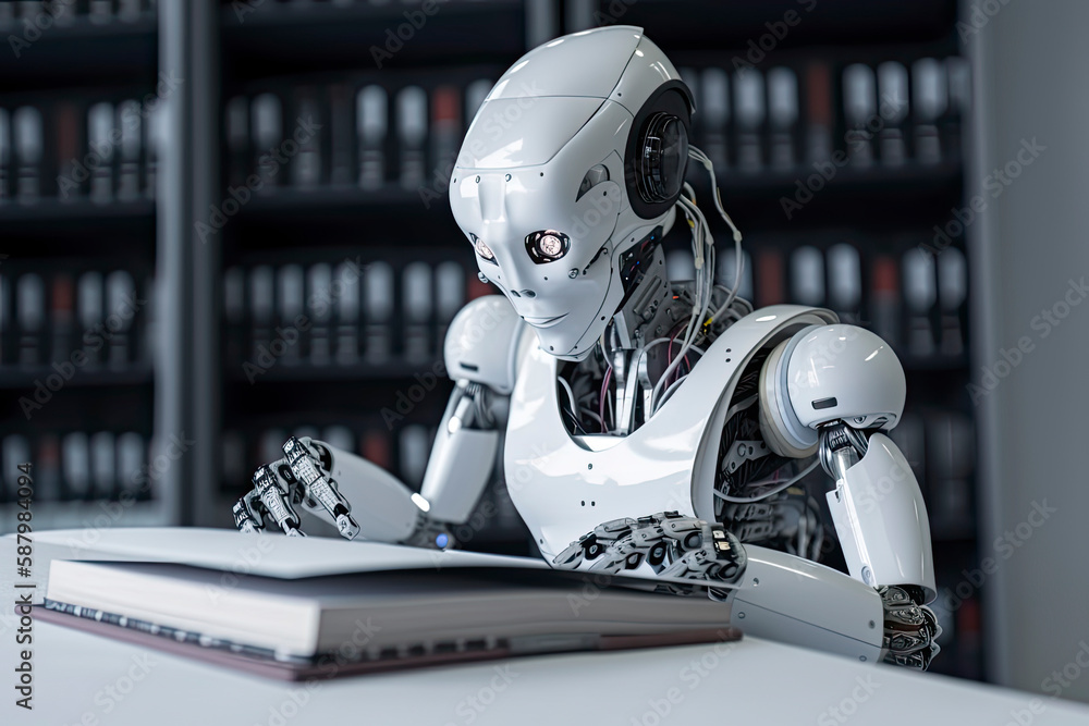 Fototapeta premium Robot exploring new bit of information and reading book. Concept of machine learning