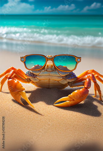 Portrait of a Crab in sunglasses on the background of a tropical beach. AI generated