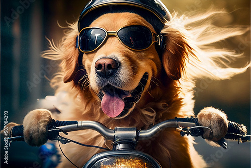 Funny dog rides a motorcycle. AI generated.