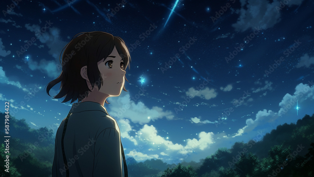 A girl looking up at the night sky Generative AI 夜空を見上げる少女 画像生成AI A girl looking up at the night sky Generative AI 夜空を見上げる少女 画像生成AI
