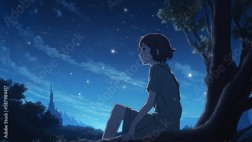 A girl looking up at the night sky Generative AI 夜空を見上げる少女 画像生成AI