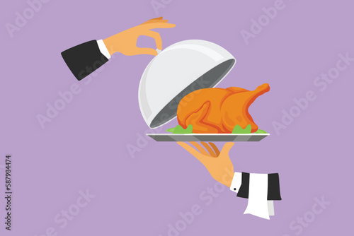 Character flat drawing open tray cloche with roasted chicken in hand. Restaurant plate in elegant waiter hand. Food serving tray for cafe, restaurant, food delivery. Cartoon design vector illustration