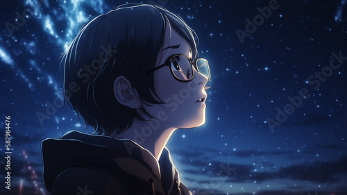 A girl looking up at the night sky Generative AI 夜空を見上げる少女 画像生成AI