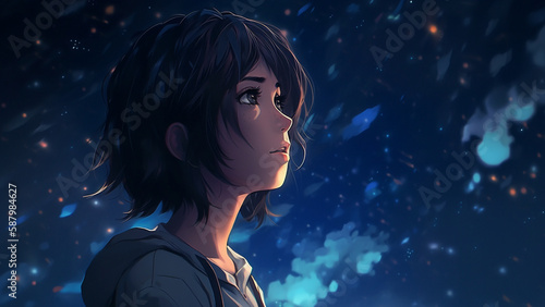 A girl looking up at the night sky Generative AI 夜空を見上げる少女 画像生成AI