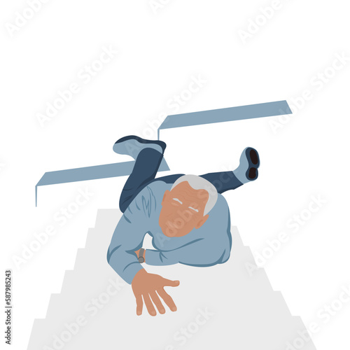 One Older glabrous man falling accident.Elderly grey hair man slipped down stairs in home on white background. Vector isolate flat cartoon characters design concept for Don’t leave old people alone