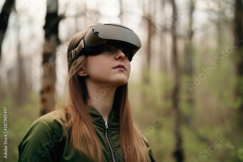 In the forest, a girl uses virtual reality equipment for an immersive experience.