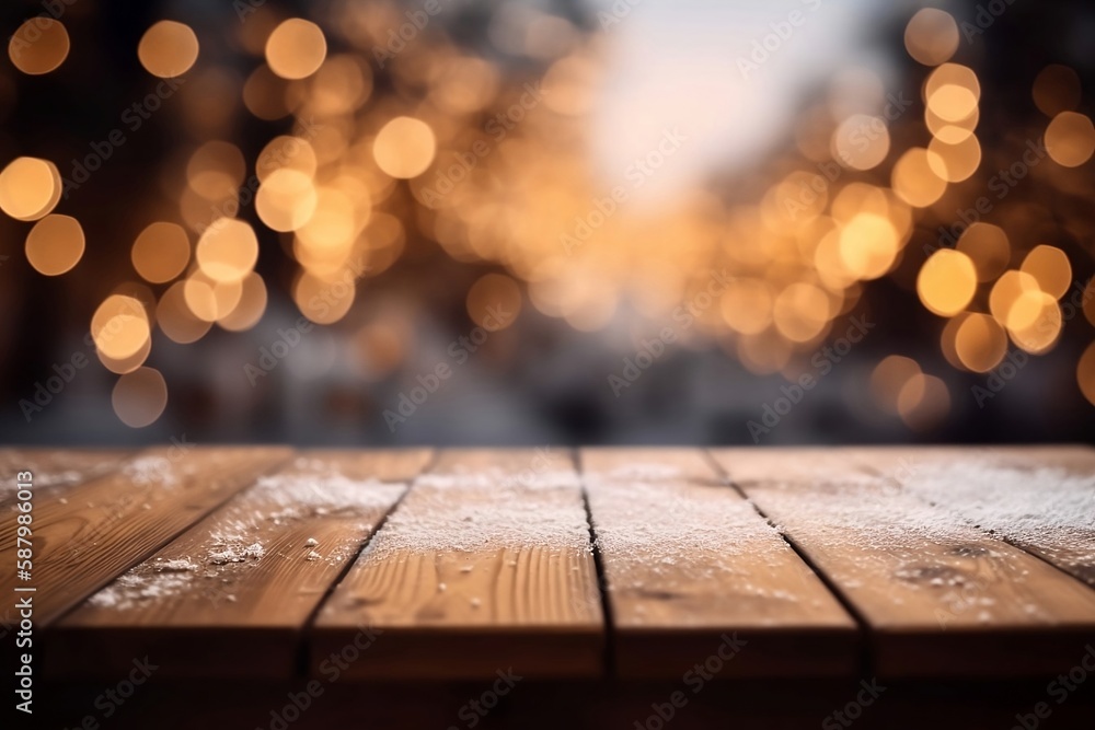 White Winter Scene. Empty Wooden Table on Snowy Blur Background with Copy Space and Bokeh Lights - Mockup Product Display White Winter Scene. Empty Wooden Table on Snowy Blur Background with Copy Space and Bokeh Lights - Mockup Product Display