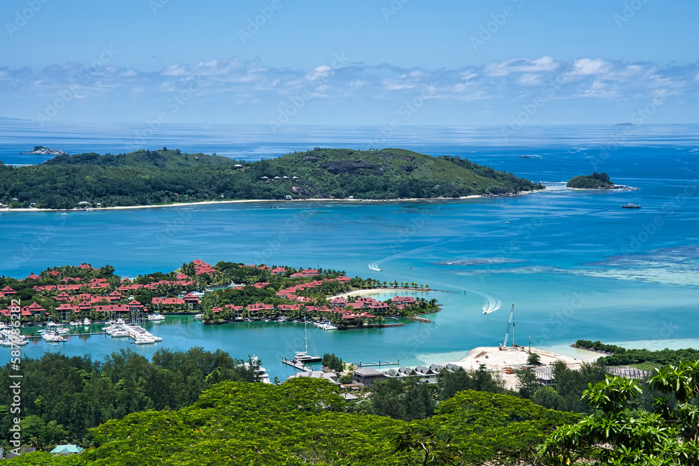 View of eden island and cerf island Mahe Seychelles
