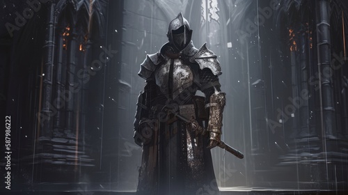 holy templar warrior in silver armor standing in gothic cathedral, digital art photo
