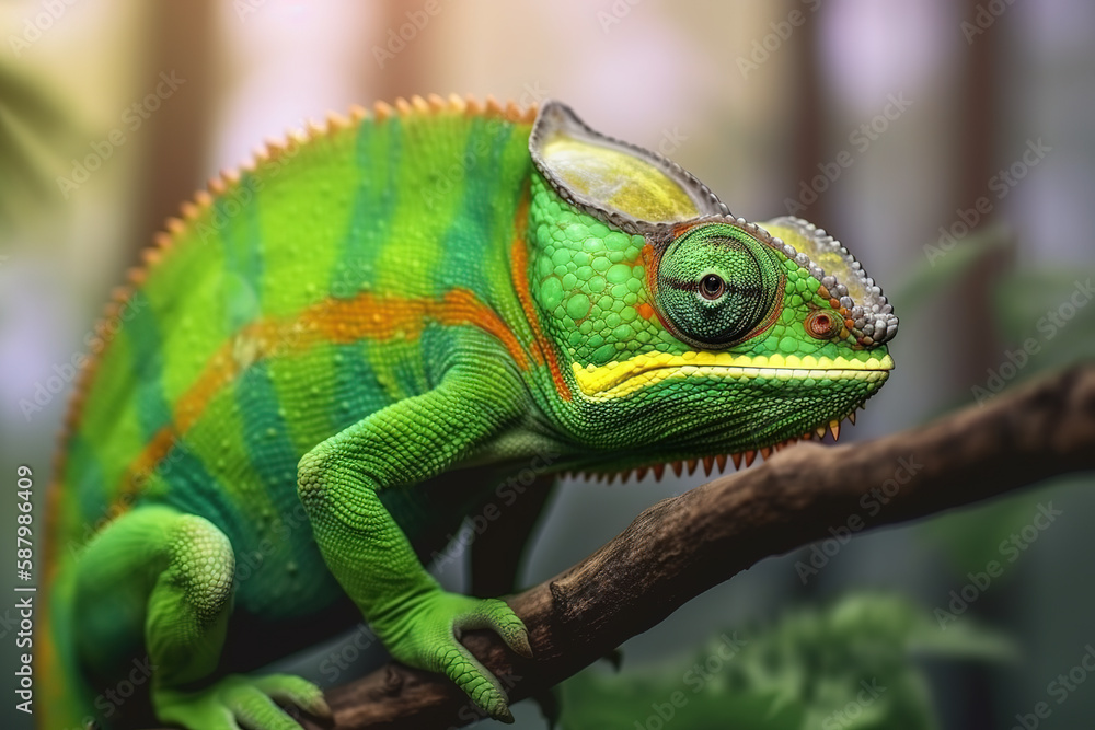 Obraz premium Image of side view of a green chameleon on a branch on natural background. Wild Animals. reptile, illustration. Generative AI.